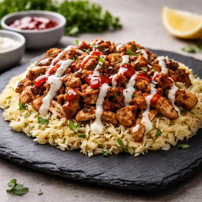 Chicken over rice with white and red sauce