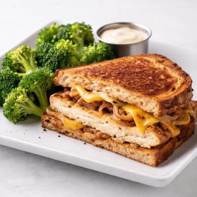 Chicken patti melt sandwich with broccoli