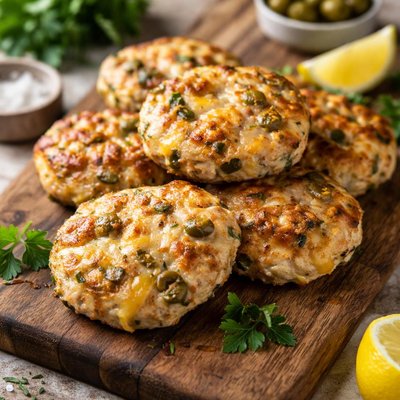Chicken patty with cheese and olives