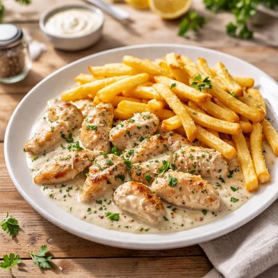 Chicken qnd chips in white sauce