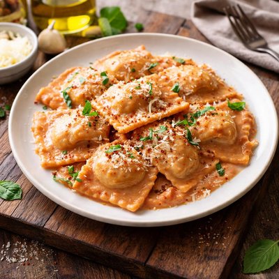 Chicken ravioli in pink sauce