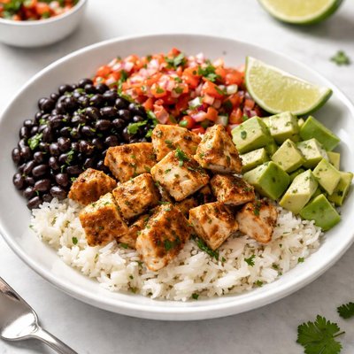 Chicken rice bowl with black beans and salsa