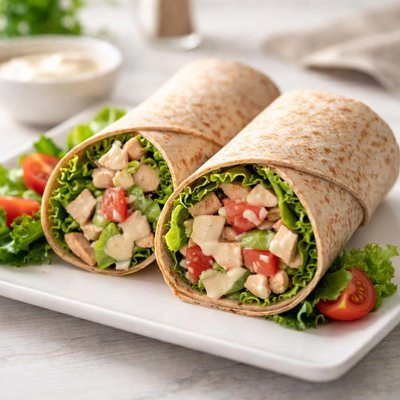 Chicken salad whole wheat wrap lettuce and tomato