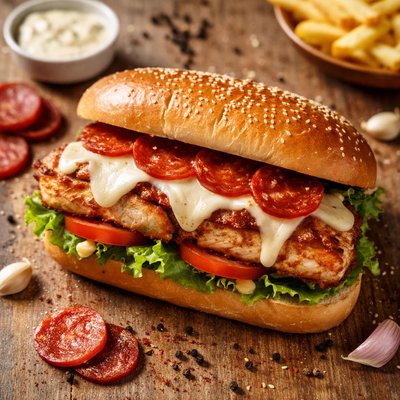 Chicken sandwich with cheese and pepperoni