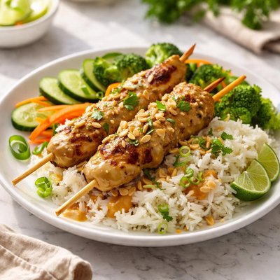 Chicken satay with rice and vegetables