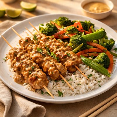 Chicken satay with veg and rice