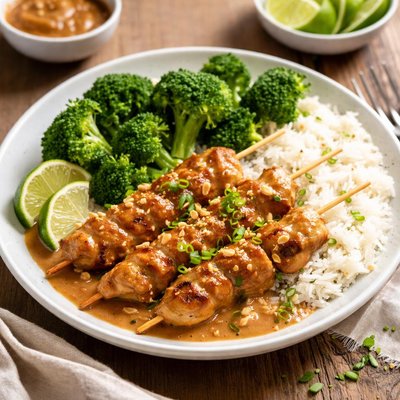 Chicken sateh with rice and brocolli