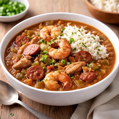 Chicken sausage and shrimp gumbo