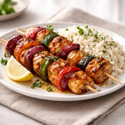 Chicken shashlik with rice