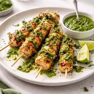 Chicken skewers with green sauce
