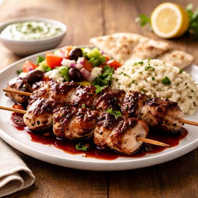 Chicken souvlaki with red wine jus