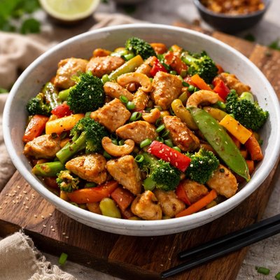 Chicken stir-fry with vegetables and cashews