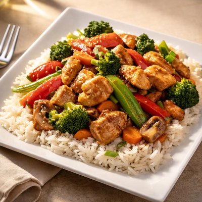 Chicken stir-fry with vegetables and rice