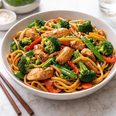 Chicken stir fry and egg noodle