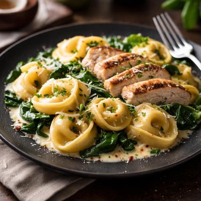 Chicken stuffed tortellini with spinach and grilled chicken