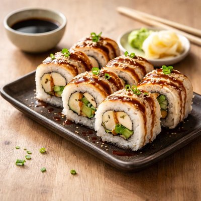 Chicken sushi with sauce