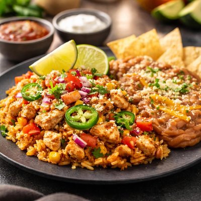 Chicken taco rice and refried beans