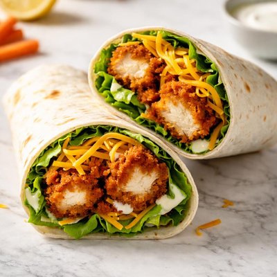 Chicken tender wrap with lettuce cheddar cheese and buffalo sauce