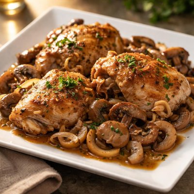 Chicken thighs with mushrooms and onions