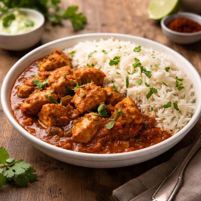 Chicken vendalho and rice