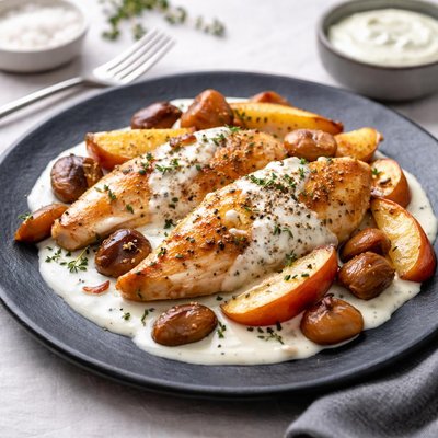 Chicken with apples and chestnuts in skyr sauce
