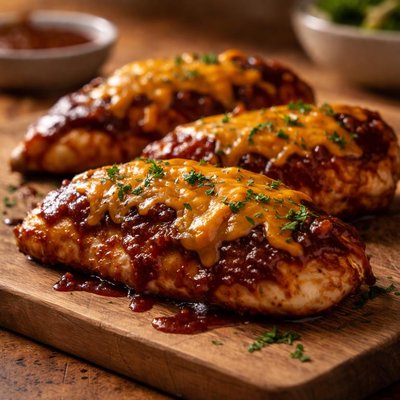 Chicken with bbq sauce and cheddar cheese