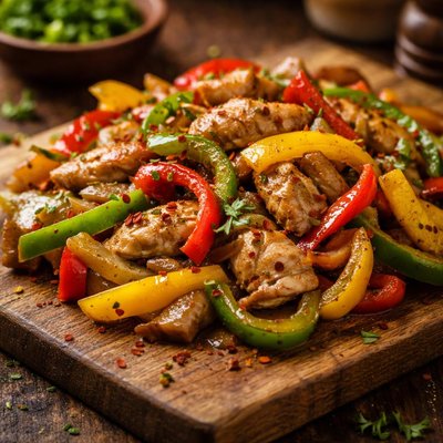 Chicken with bell peppers and onions