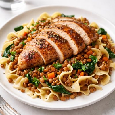 Chicken with lentils and noodles