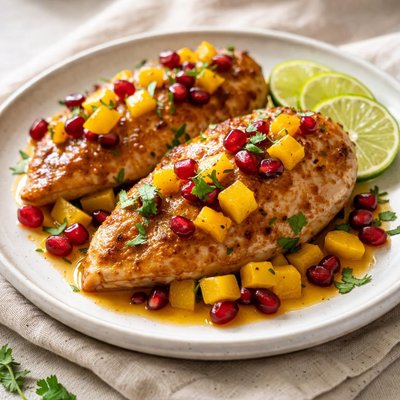 Chicken with mango sauce and pomegranate