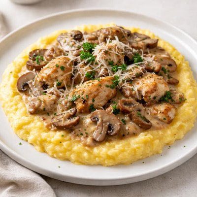 Chicken with mushrooms and cheese on polenta