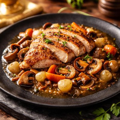 Chicken with mushrooms and stew