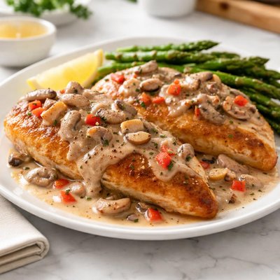 Chicken with pepper mushroom sauce
