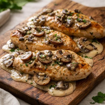 Chicken with sauce and mushrooms