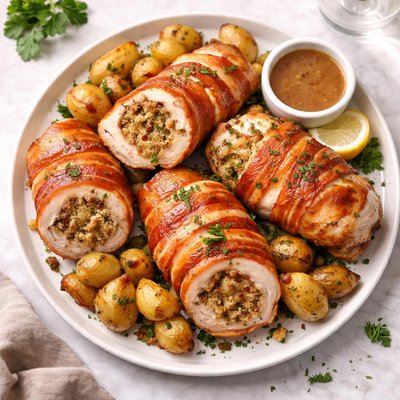 Chicken with stuffing wrapped in a rasher