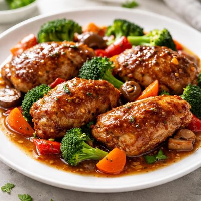 Chicken with vegetables in brown sauce