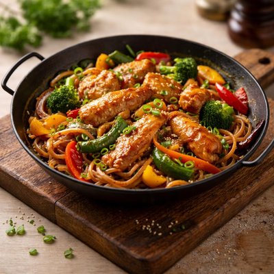 Chicken wok with noodles and vegetables