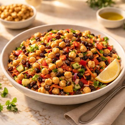Chickpea salad with raisins and vegetables