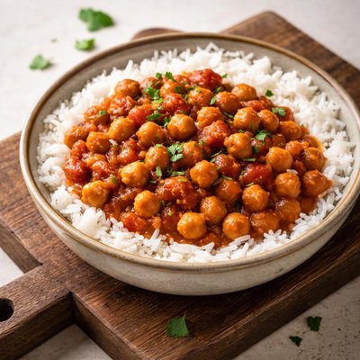 Chickpeas in tomato pasta sauce and white rice