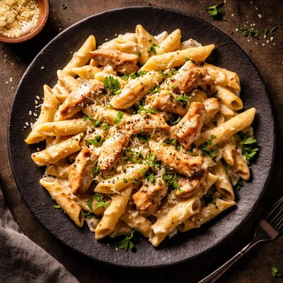 Chiclen penne pasta with alfredo sauce