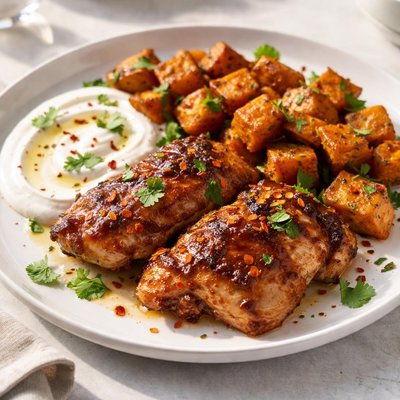 Chili-honey chicken and swwet potatoes with yogurt