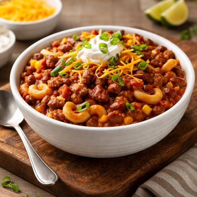 Chili with lean ground sirloin and elbow macaroni