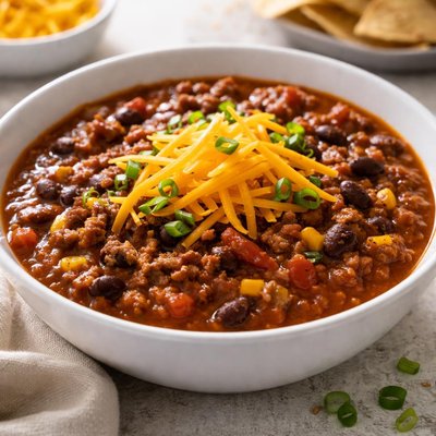 Chili with shredded cheddar cheese