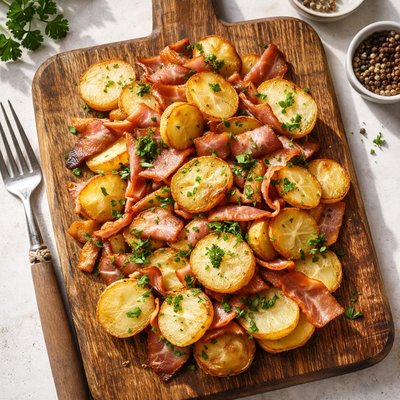 Chilled pan fried potatoes with smoked ham
