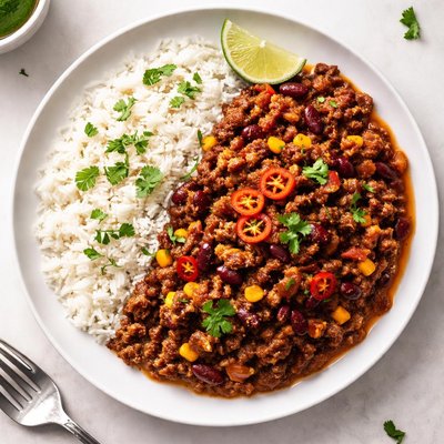 Chilli de carne com arroz pingo  doce