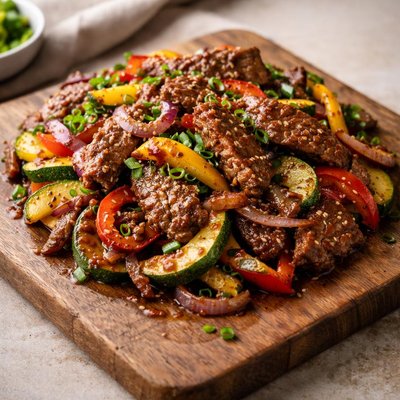 Chilli garlic beef with peppers courgette onion