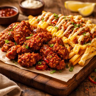 Chillies chicken with potato fried and cheese and mayonnaise