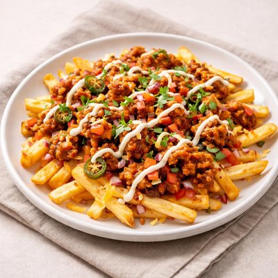 Chillies chicken with potato fries and cheese and mayonnaise
