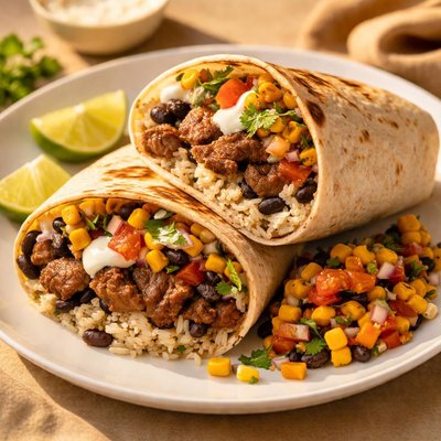 Chilpolte double steak burrito with corn salsa sour cream