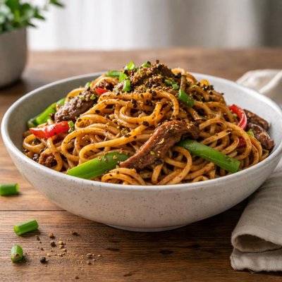 Chin chin black pepper noodles