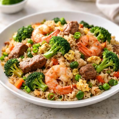 Chinese food pork fried rice with shrimp and broccoli